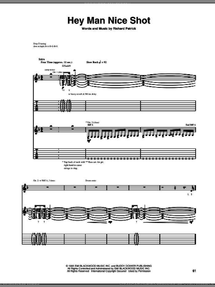 Hey Man Nice Shot sheet music for guitar (tablature) by Filter and Richard Patrick, intermediate skill level