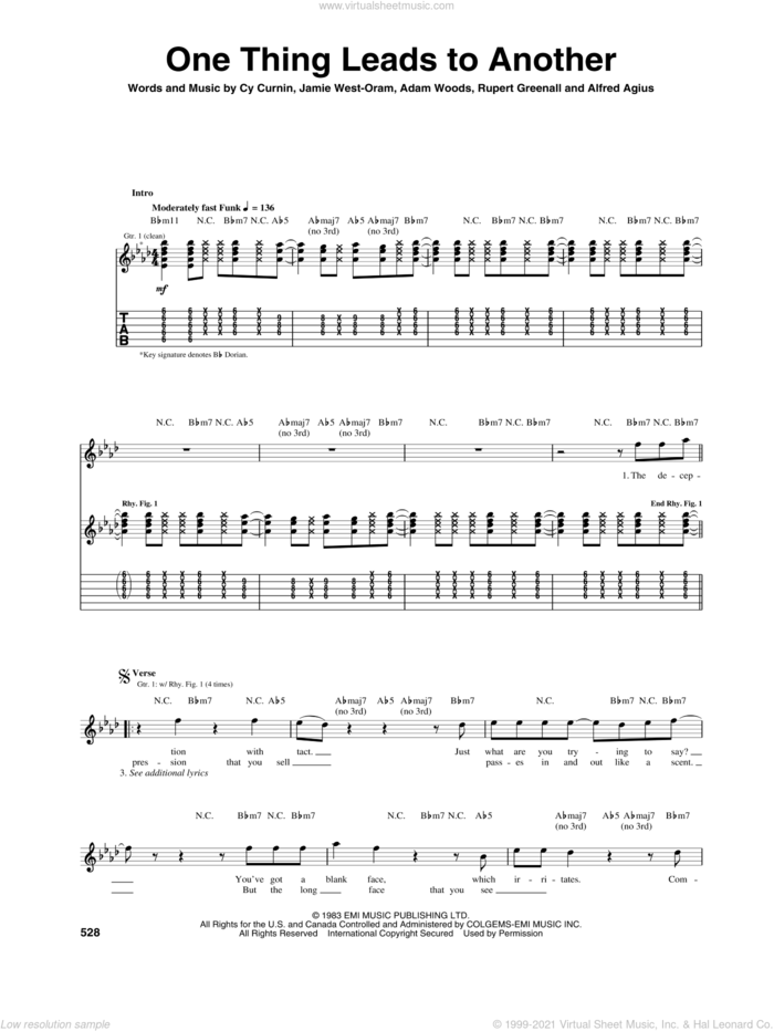 One Thing Leads To Another sheet music for guitar (tablature) by The Fixx, Adam Woods, Alfred Agius, Cy Curnin, Jamie West-Oram and Rupert Greenall, intermediate skill level