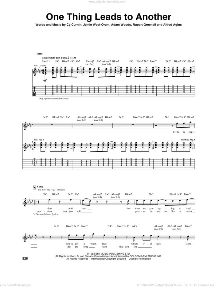 One Thing Leads To Another sheet music for guitar (tablature) by The Fixx, Adam Woods, Alfred Agius, Cy Curnin, Jamie West-Oram and Rupert Greenall, intermediate skill level