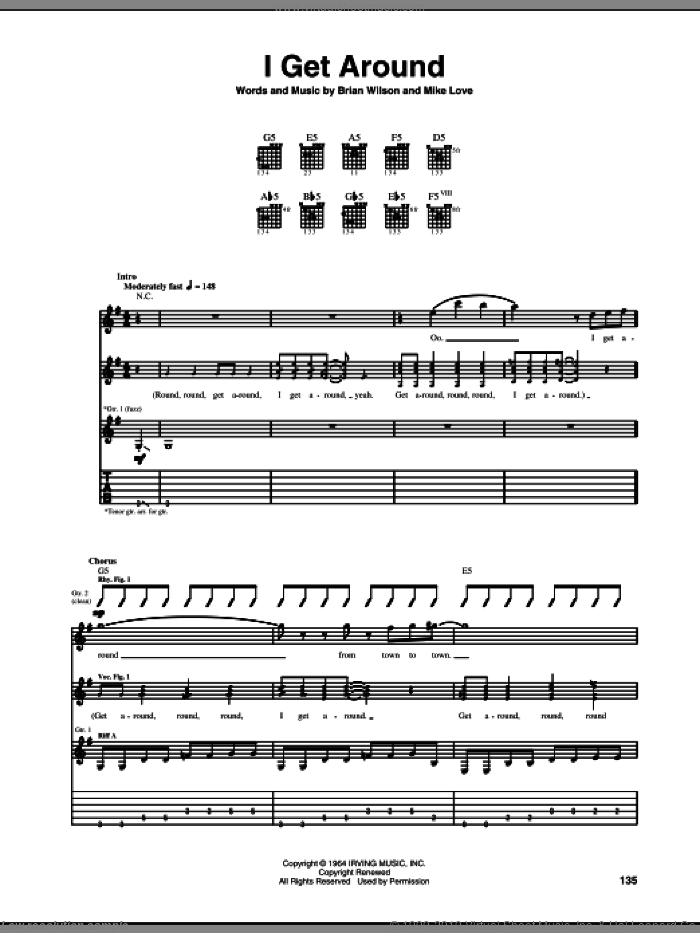 I Get Around sheet music for guitar (tablature) by The Beach Boys, Brian Wilson and Mike Love, intermediate skill level