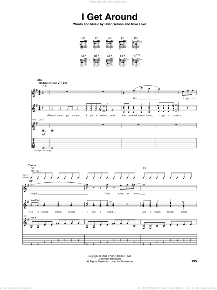 I Get Around sheet music for guitar (tablature) by The Beach Boys, Brian Wilson and Mike Love, intermediate skill level