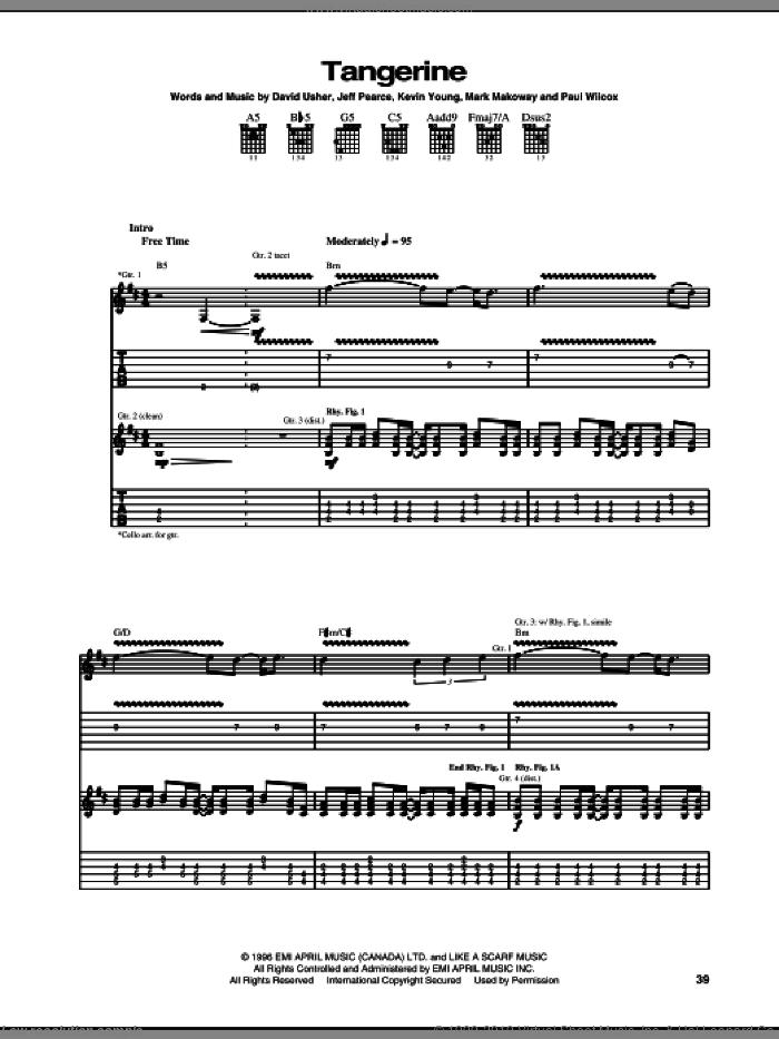 Tangerine sheet music for guitar (tablature) by Moist, David Usher, Jeff Pearce, Kevin Young, Mark Makoway and Paul Wilcox, intermediate skill level