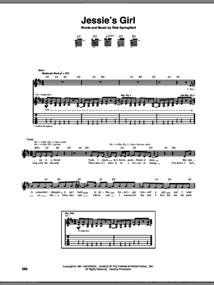 Jessie's Girl sheet music for guitar (tablature) by Rick Springfield, intermediate skill level