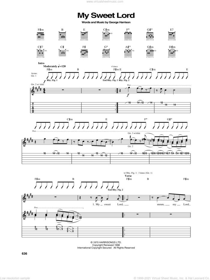My Sweet Lord sheet music for guitar (tablature) by George Harrison, intermediate skill level