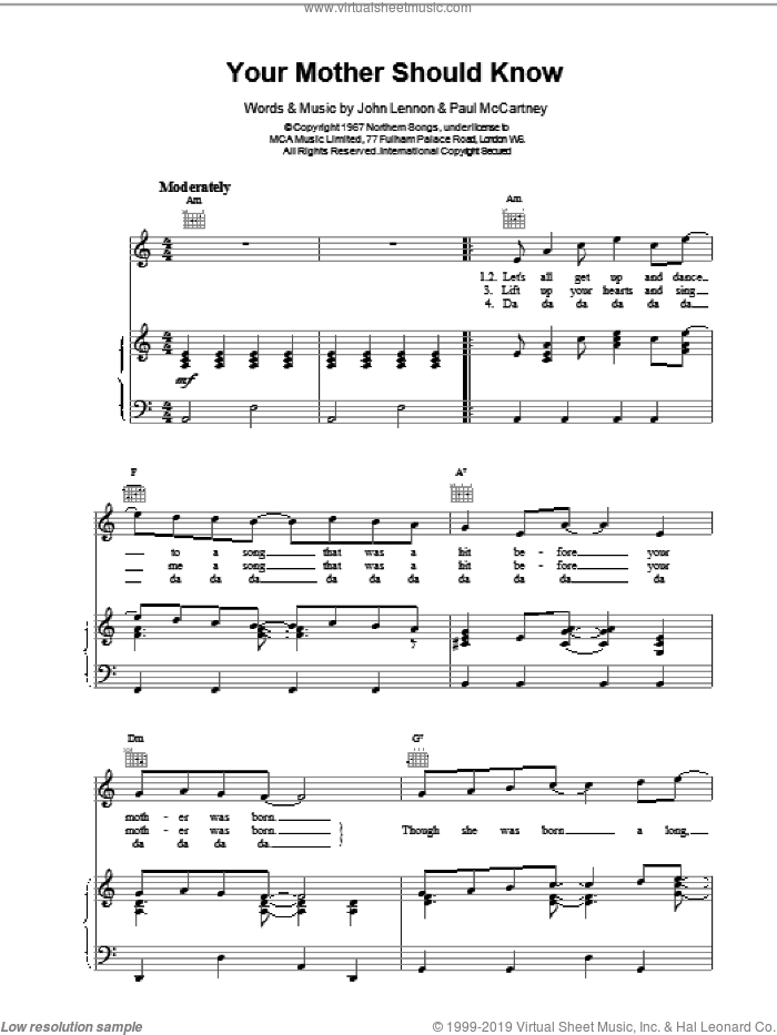 Your Mother Should Know sheet music for voice, piano or guitar by The Beatles, intermediate skill level
