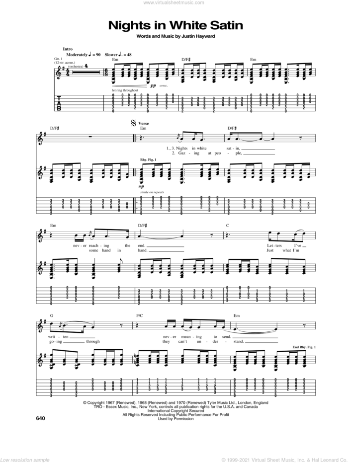 Nights In White Satin sheet music for guitar (tablature) by The Moody Blues and Justin Hayward, intermediate skill level