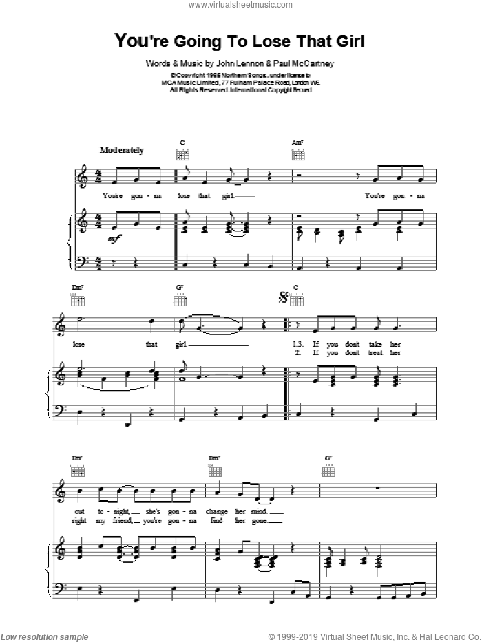 You're Going To Lose That Girl sheet music for voice, piano or guitar by The Beatles, intermediate skill level