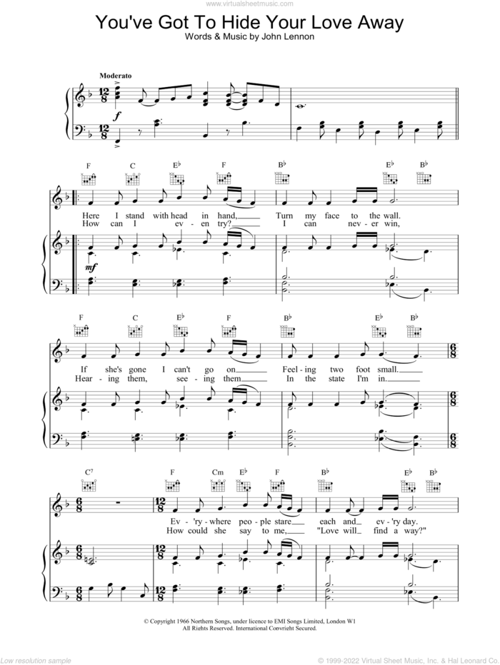 You've Got To Hide Your Love Away sheet music for voice, piano or guitar by The Beatles, intermediate skill level