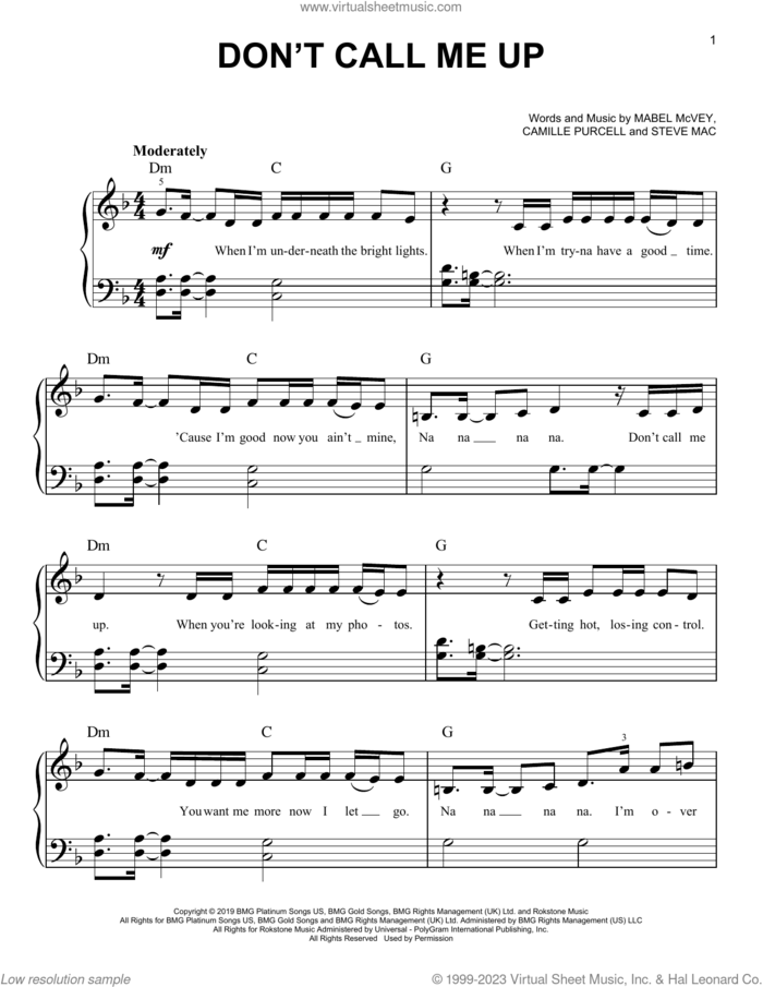 Don't Call Me Up sheet music for piano solo by Mabel, Camille Purcell, Mabel McVey and Steve Mac, easy skill level