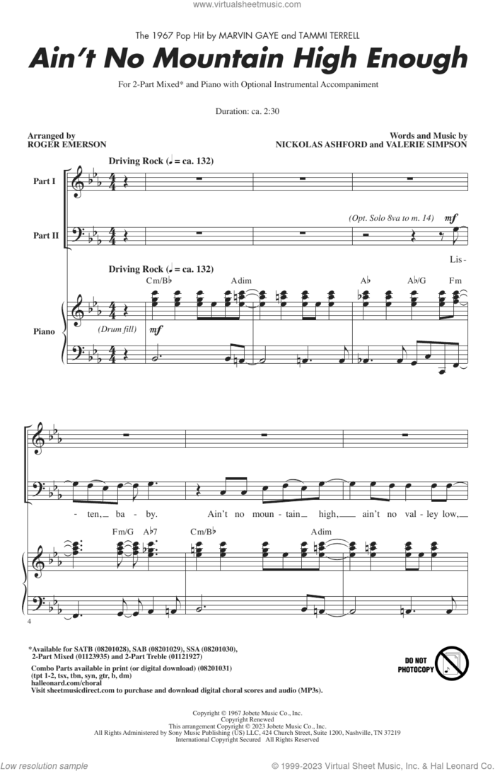 Ain't No Mountain High Enough (arr. Roger Emerson) sheet music for choir (2-Part Mixed) by Marvin Gaye & Tammi Terrell, Roger Emerson, Marvin Gaye, Tammi Terrell, Nickolas Ashford and Valerie Simpson, intermediate skill level