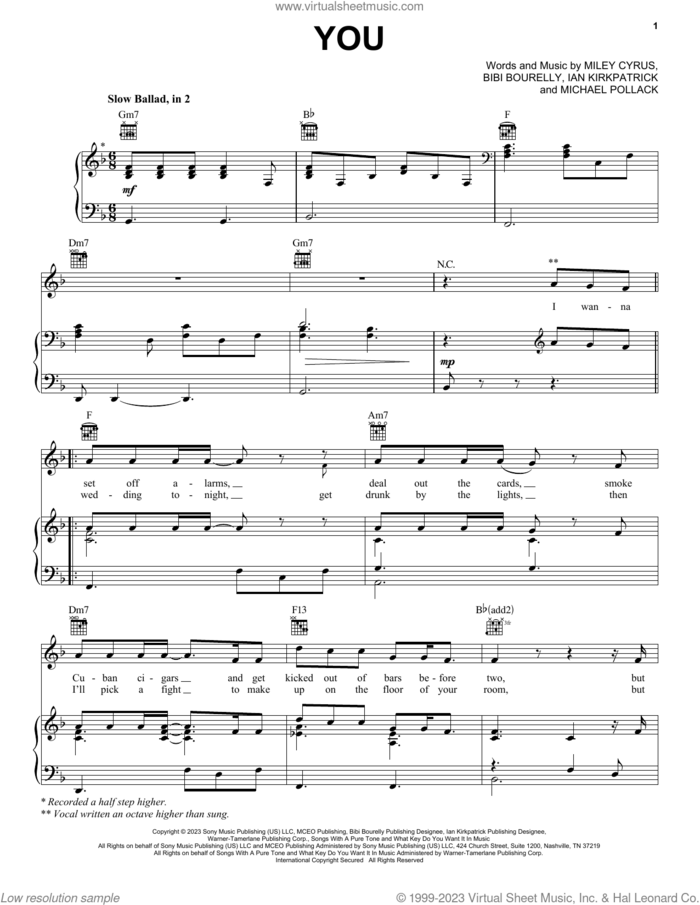You sheet music for voice, piano or guitar by Miley Cyrus, Bibi Bourelly, Ian Kirkpatrick and Michael Pollack, intermediate skill level