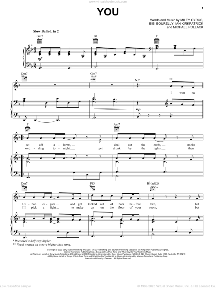 You sheet music for voice, piano or guitar by Miley Cyrus, Bibi Bourelly, Ian Kirkpatrick and Michael Pollack, intermediate skill level