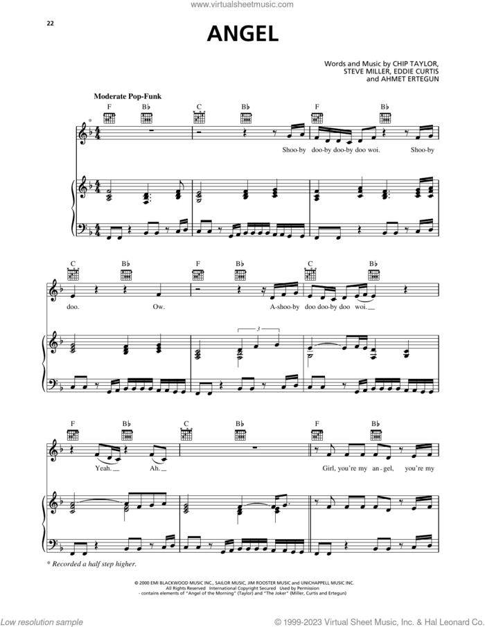 Angel sheet music for voice, piano or guitar by Shaggy and Rayvon, Shaggy, Ahmet Ertegun, Chip Taylor, Eddie Curtis and Steve Miller, intermediate skill level