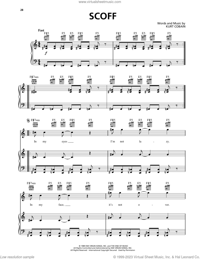 Scoff sheet music for voice, piano or guitar by Nirvana and Kurt Cobain, intermediate skill level