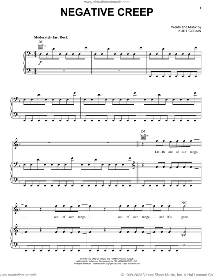 Negative Creep sheet music for voice, piano or guitar by Nirvana and Kurt Cobain, intermediate skill level