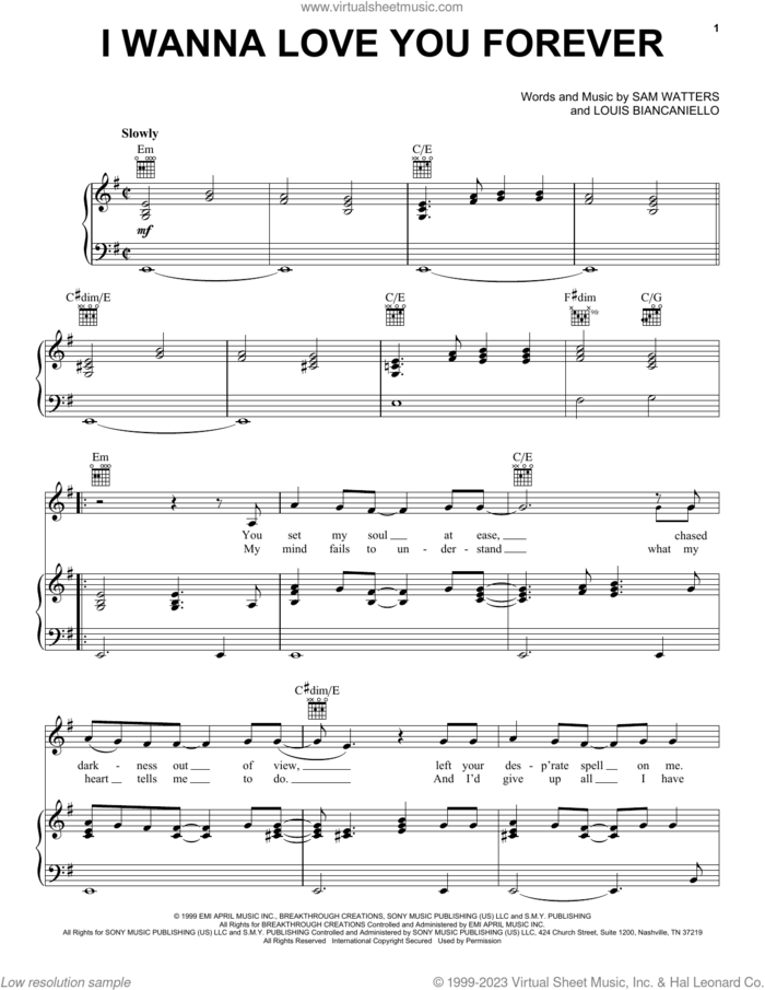 I Wanna Love You Forever sheet music for voice, piano or guitar by Jessica Simpson, Louis Biancaniello and Sam Watters, intermediate skill level