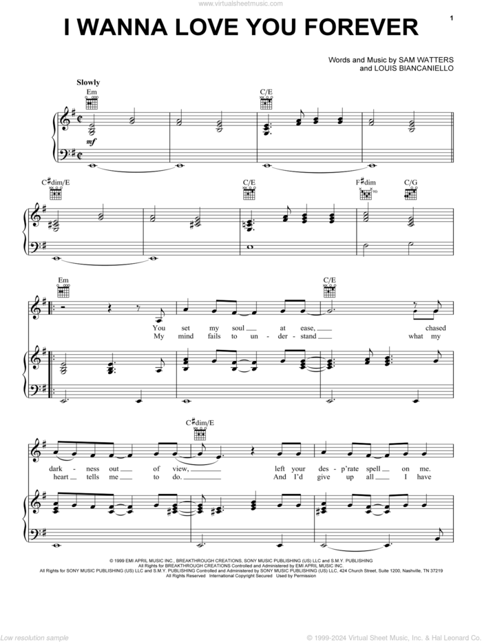 I Wanna Love You Forever sheet music for voice, piano or guitar by Jessica Simpson, Louis Biancaniello and Sam Watters, intermediate skill level