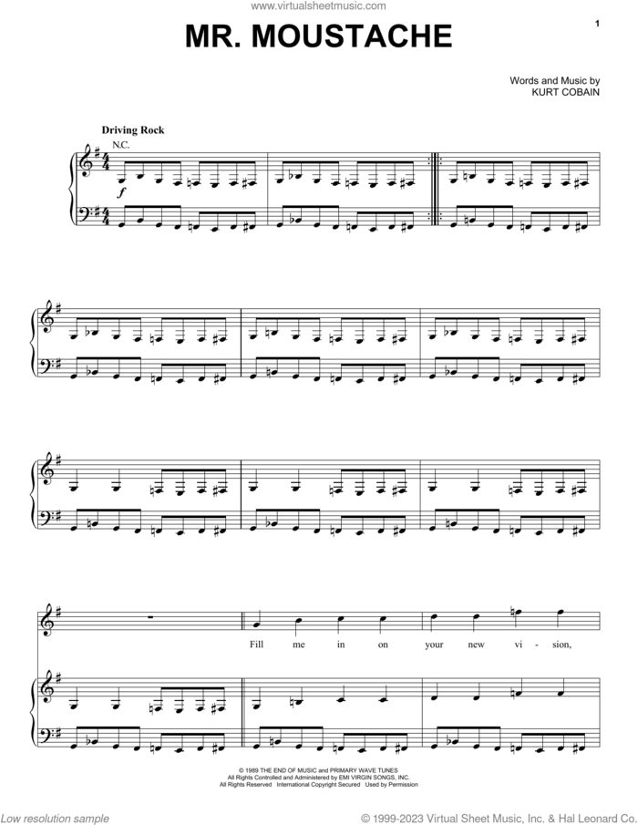 Mr. Moustache sheet music for voice, piano or guitar by Nirvana and Kurt Cobain, intermediate skill level