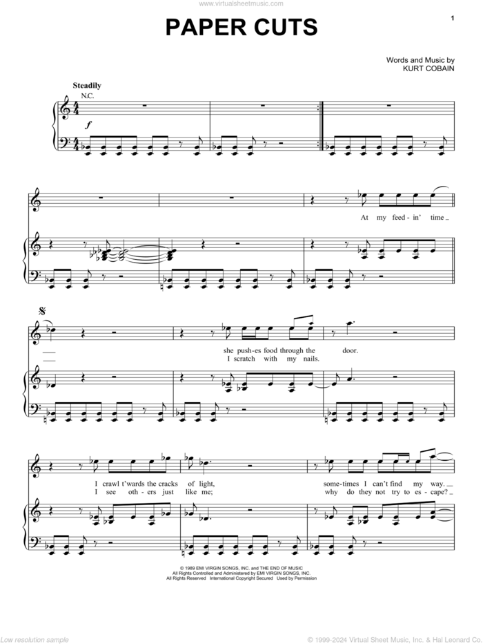 Paper Cuts sheet music for voice, piano or guitar by Nirvana and Kurt Cobain, intermediate skill level