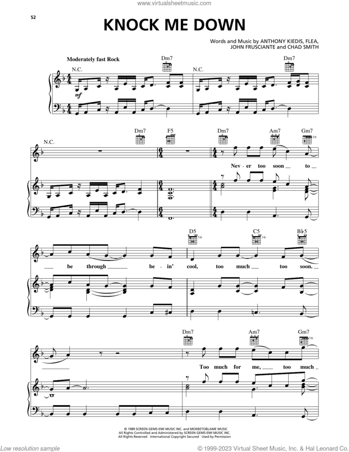 Knock Me Down sheet music for voice, piano or guitar by Red Hot Chili Peppers, Anthony Kiedis, Chad Smith, Flea and John Frusciante, intermediate skill level