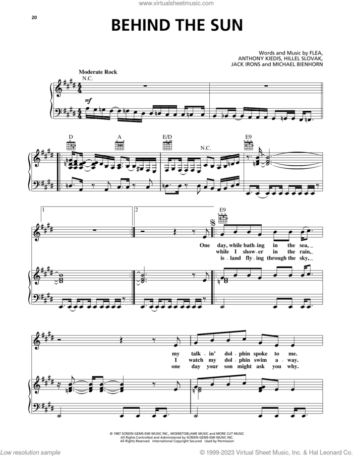 Behind The Sun sheet music for voice, piano or guitar by Red Hot Chili Peppers, Anthony Kiedis, Flea, Hillel Slovak, Jack Irons and Michael Bienhorn, intermediate skill level