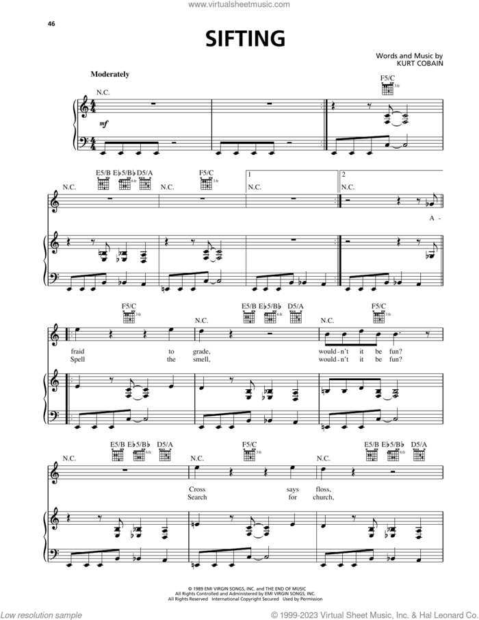 Sifting sheet music for voice, piano or guitar by Nirvana and Kurt Cobain, intermediate skill level