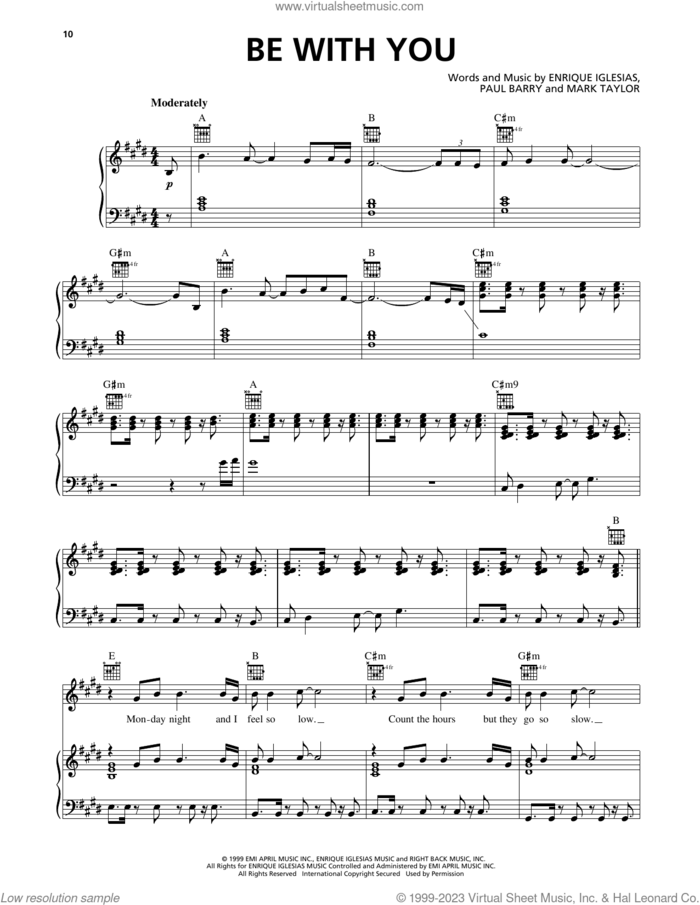 Be With You sheet music for voice, piano or guitar by Enrique Iglesias, Mark Taylor and Paul Barry, intermediate skill level