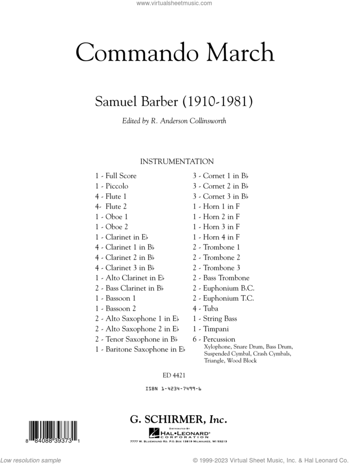 Commando March (COMPLETE) sheet music for concert band by Samuel Barber and R. Anderson Collinsworth, classical score, intermediate skill level