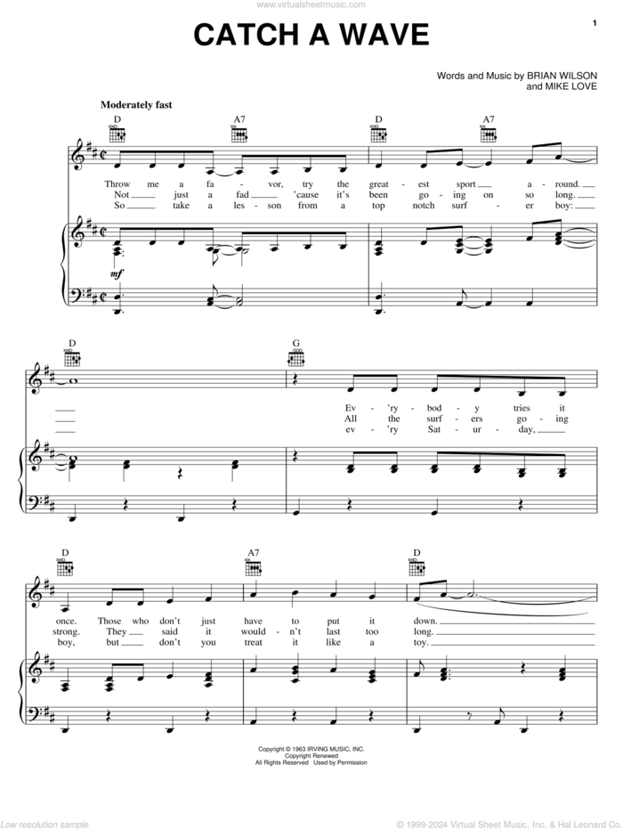 Catch A Wave sheet music for voice, piano or guitar by The Beach Boys, Brian Wilson and Mike Love, intermediate skill level