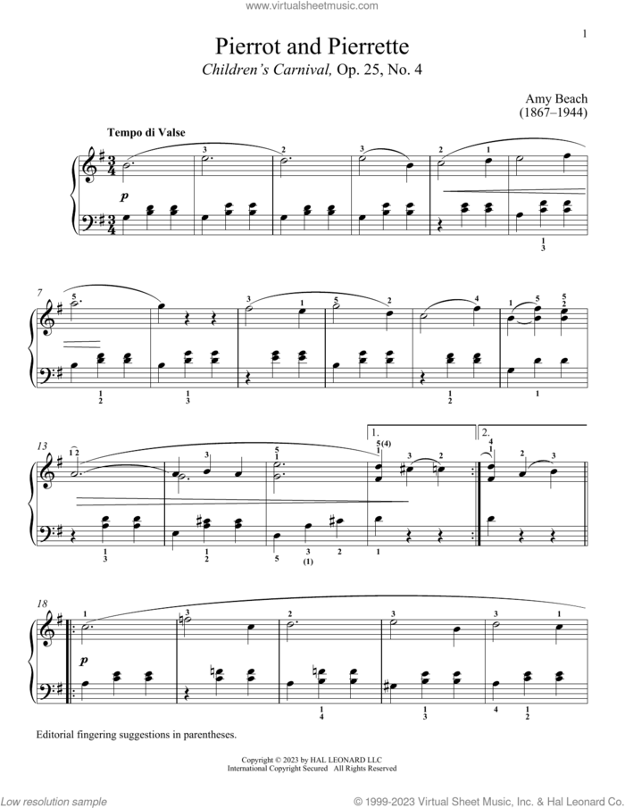 Pierrot and Pierrette sheet music for piano solo by Amy Marcy Beach and Immanuela Gruenberg, classical score, intermediate skill level