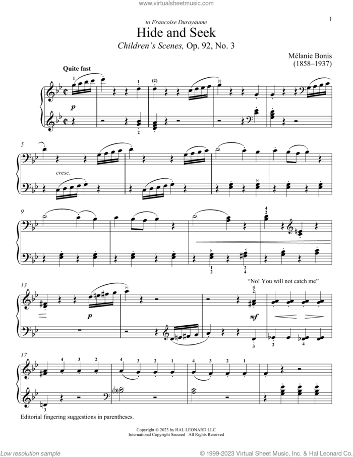 Hide and Seek sheet music for piano solo by Melanis Bonis and Immanuela Gruenberg, classical score, intermediate skill level
