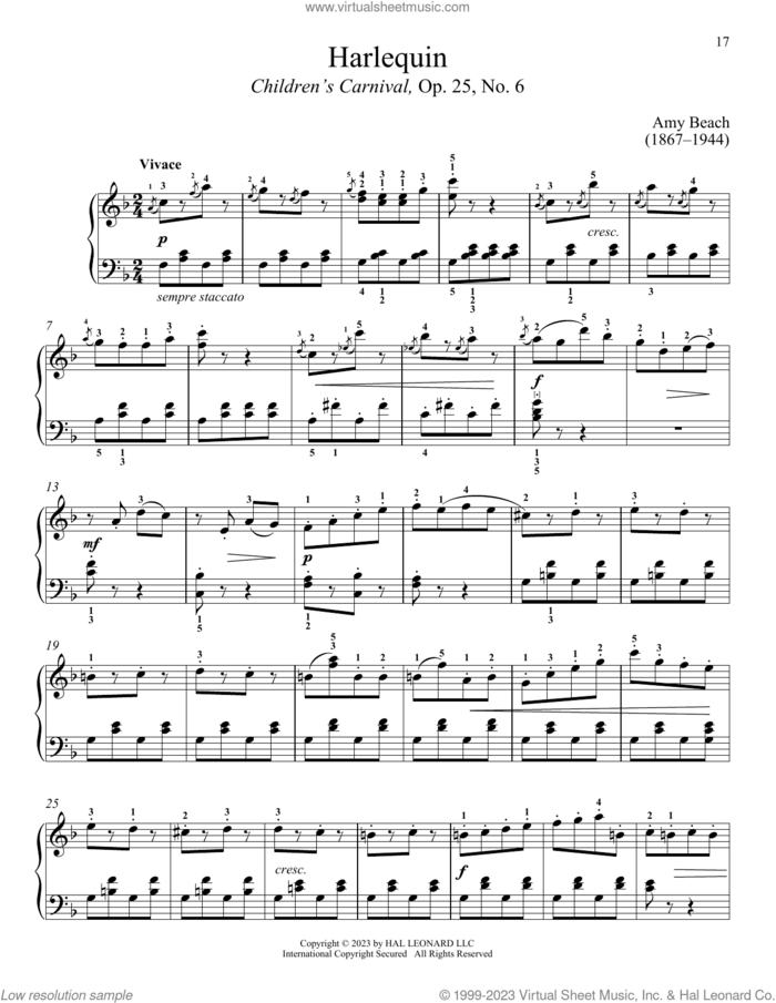 Harlequin sheet music for piano solo by Amy Marcy Beach and Immanuela Gruenberg, classical score, intermediate skill level