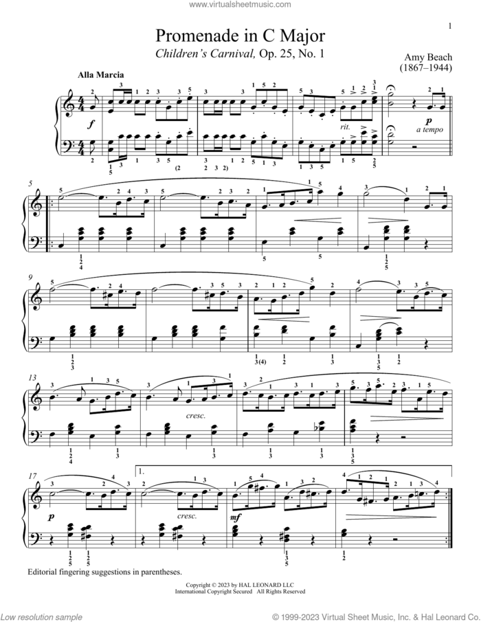 Promenade sheet music for piano solo by Amy Marcy Beach and Immanuela Gruenberg, classical score, intermediate skill level