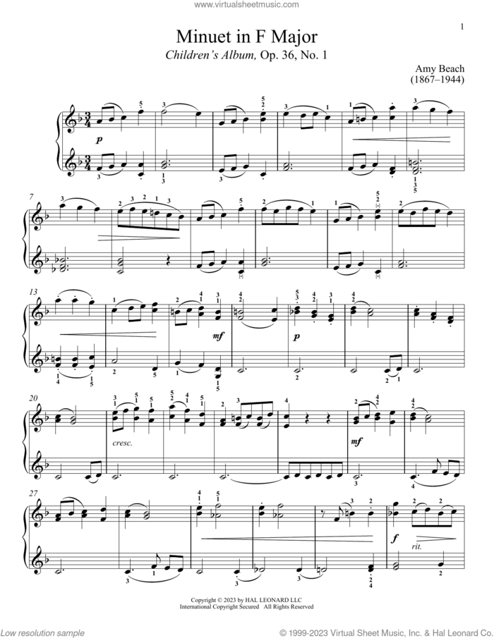 Minuet sheet music for piano solo by Amy Marcy Beach and Immanuela Gruenberg, classical score, intermediate skill level