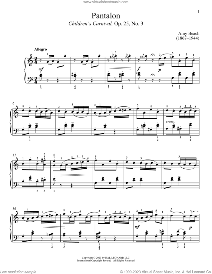 Pantolon sheet music for piano solo by Amy Marcy Beach and Immanuela Gruenberg, classical score, intermediate skill level