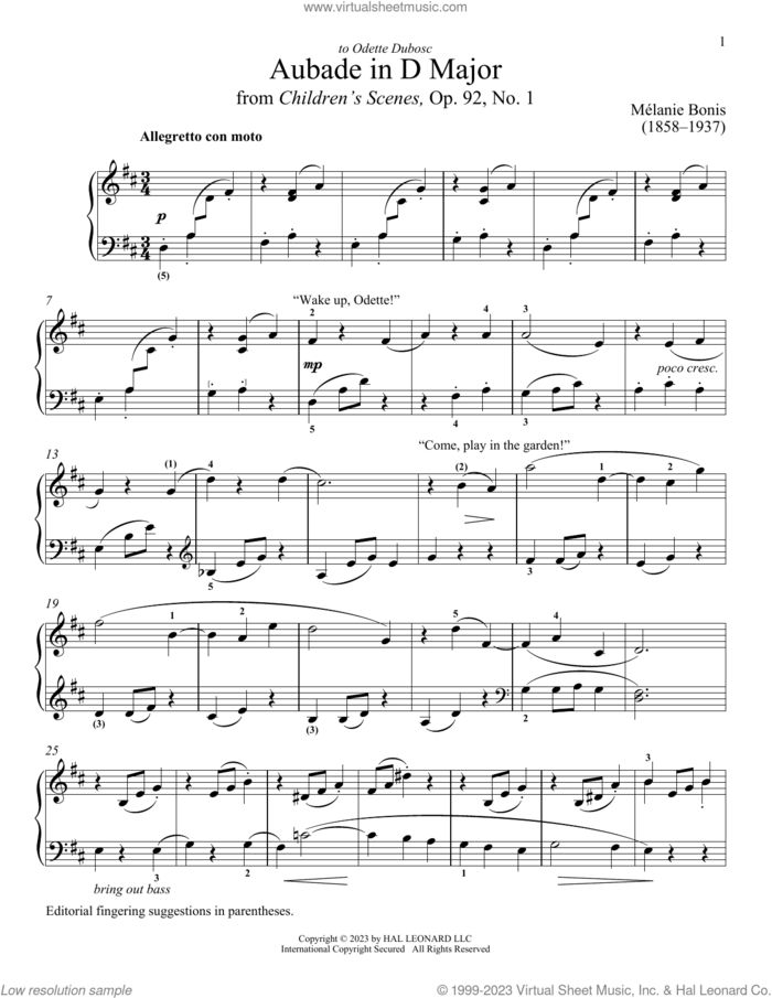 Aubade sheet music for piano solo by Melanie Bonis and Immanuela Gruenberg, classical score, intermediate skill level