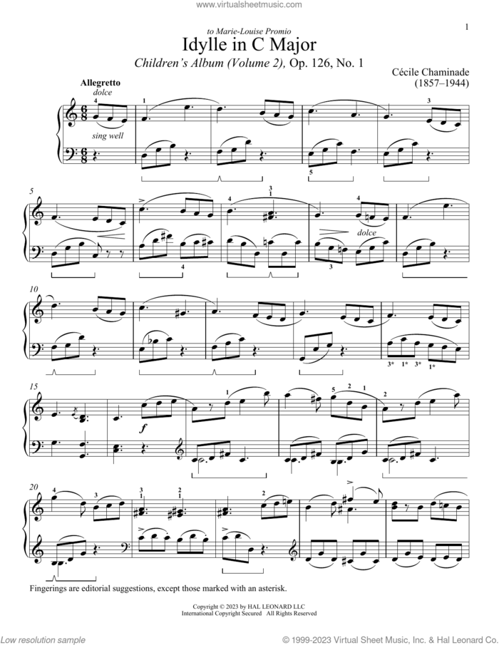 Idylle sheet music for piano solo by Cecile Chaminade and Immanuela Gruenberg, classical score, intermediate skill level