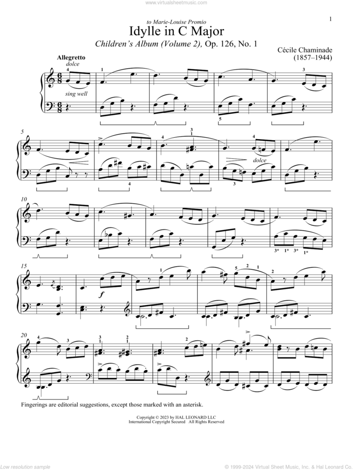 Idylle sheet music for piano solo by Cecile Chaminade and Immanuela Gruenberg, classical score, intermediate skill level