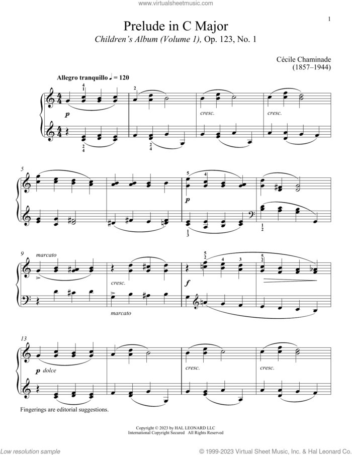 Prelude sheet music for piano solo by Cecile Chaminade and Immanuela Gruenberg, classical score, intermediate skill level