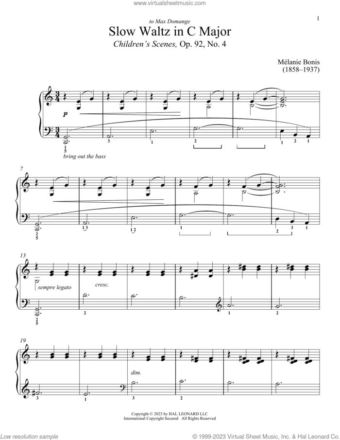 Slow Waltz sheet music for piano solo by Melanis Bonis and Immanuela Gruenberg, classical score, intermediate skill level