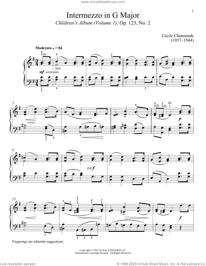 Intermezzo sheet music for piano solo by Cecile Chaminade and Immanuela Gruenberg, classical score, intermediate skill level