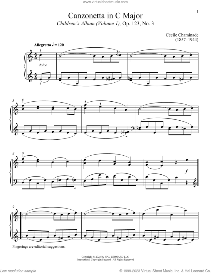 Canzonetta sheet music for piano solo by Cecile Chaminade and Immanuela Gruenberg, classical score, intermediate skill level