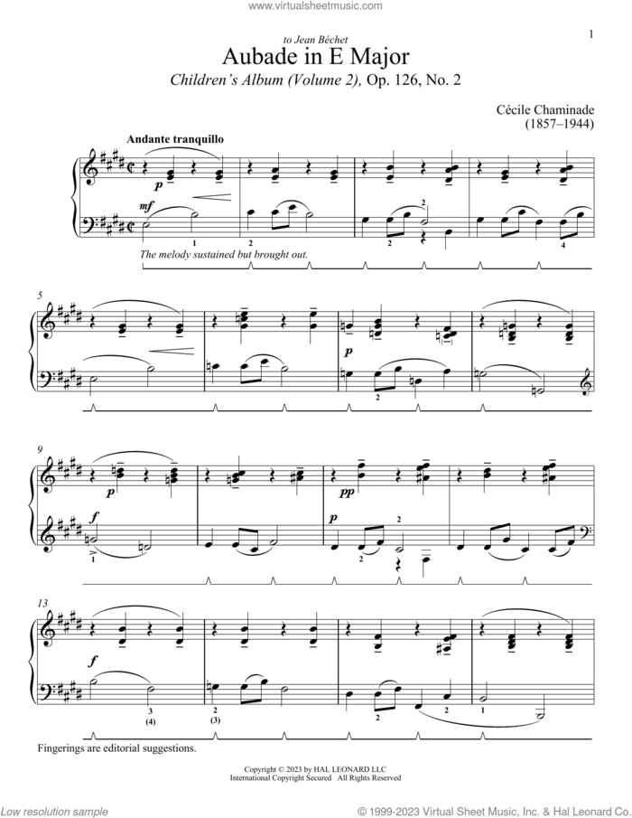Aubade sheet music for piano solo by Cecile Chaminade and Immanuela Gruenberg, classical score, intermediate skill level