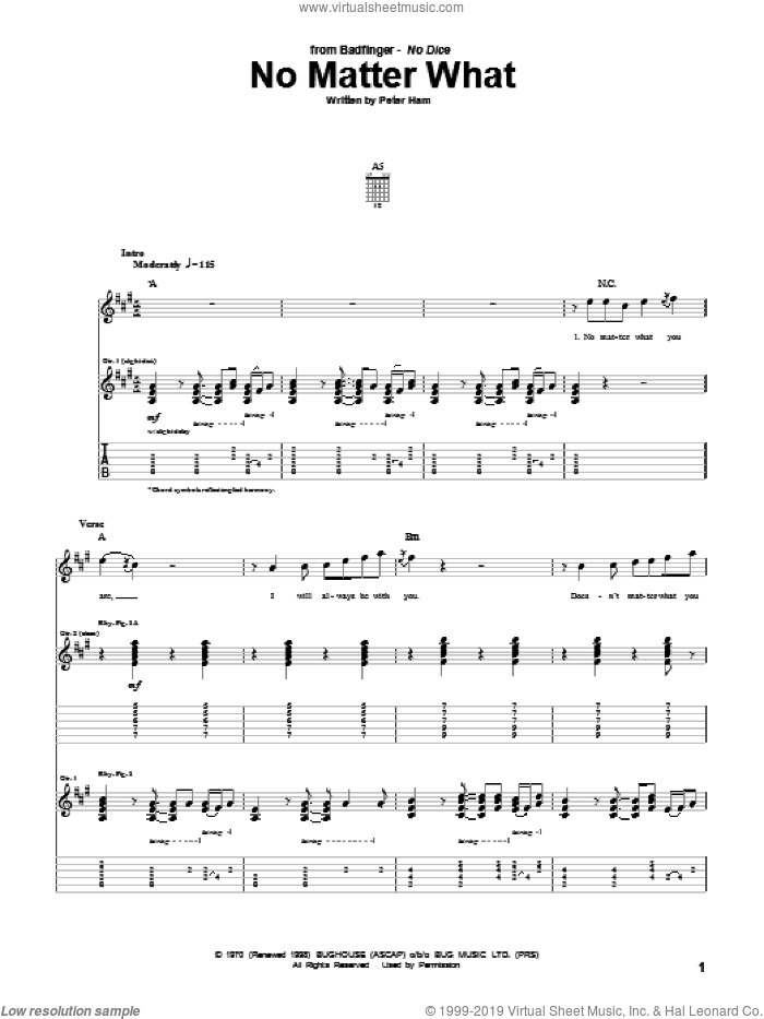 No Matter What sheet music for guitar (tablature) by Badfinger and Pete Ham, intermediate skill level