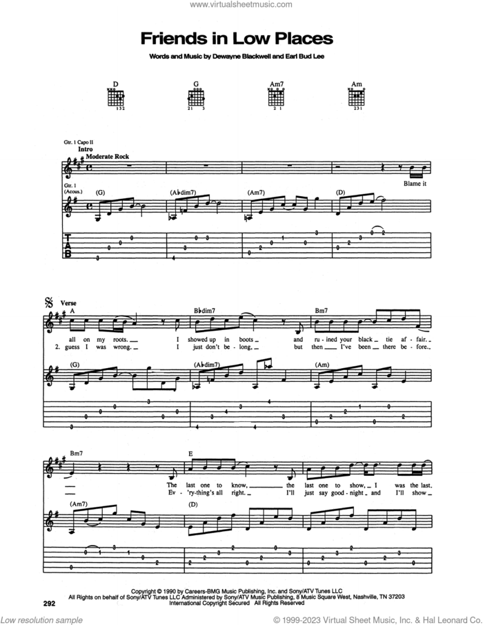 Friends In Low Places sheet music for guitar (tablature) by Garth Brooks, DeWayne Blackwell and Earl Bud Lee, intermediate skill level