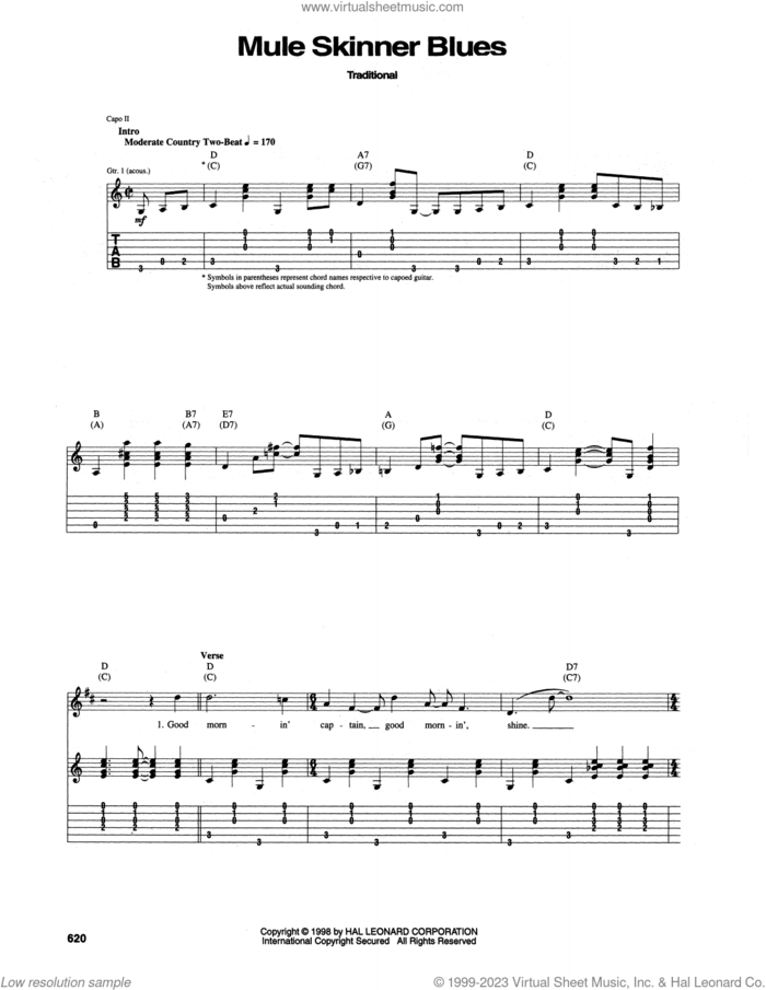 Mule Skinner Blues sheet music for guitar (tablature) by Jimmie Rodgers and Miscellaneous, intermediate skill level