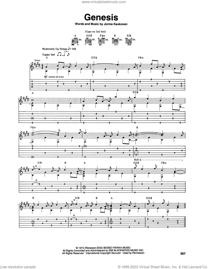 Genesis sheet music for guitar (tablature) by Jorma Kaukonen, intermediate skill level