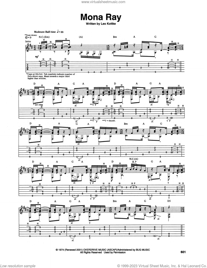 Mona Ray sheet music for guitar (tablature) by Leo Kottke, intermediate skill level