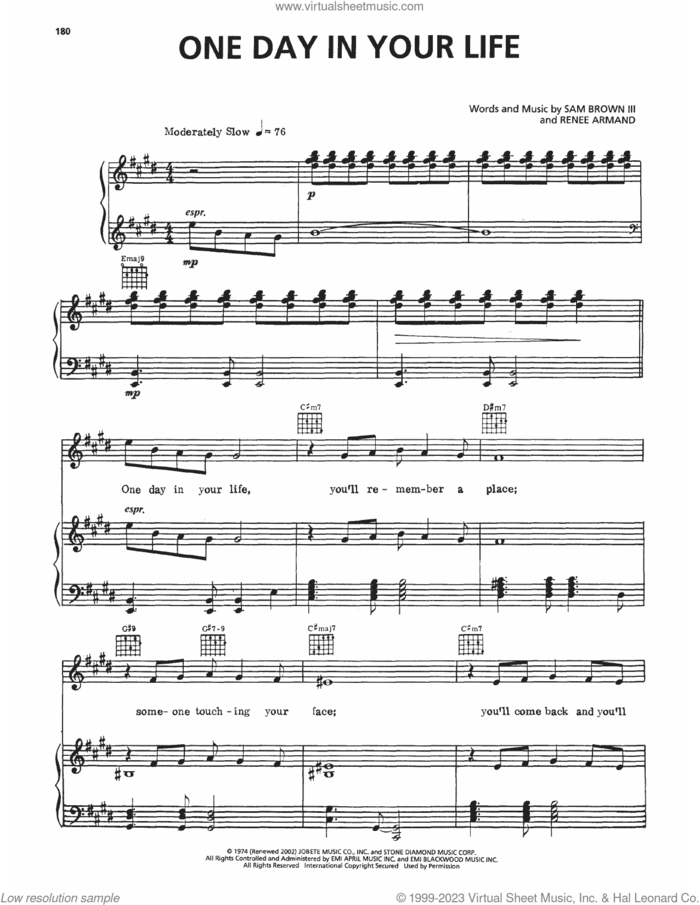 One Day In Your Life sheet music for voice, piano or guitar by Michael Jackson, Renee Armand and Sam Brown Iii, intermediate skill level
