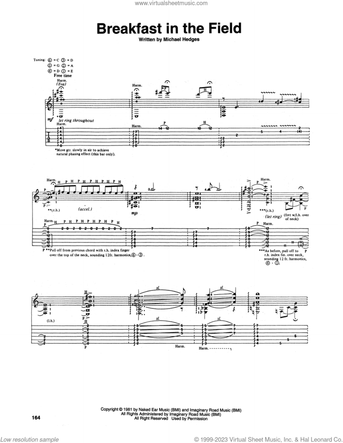 Breakfast In The Field sheet music for guitar (tablature) by Michael Hedges, intermediate skill level